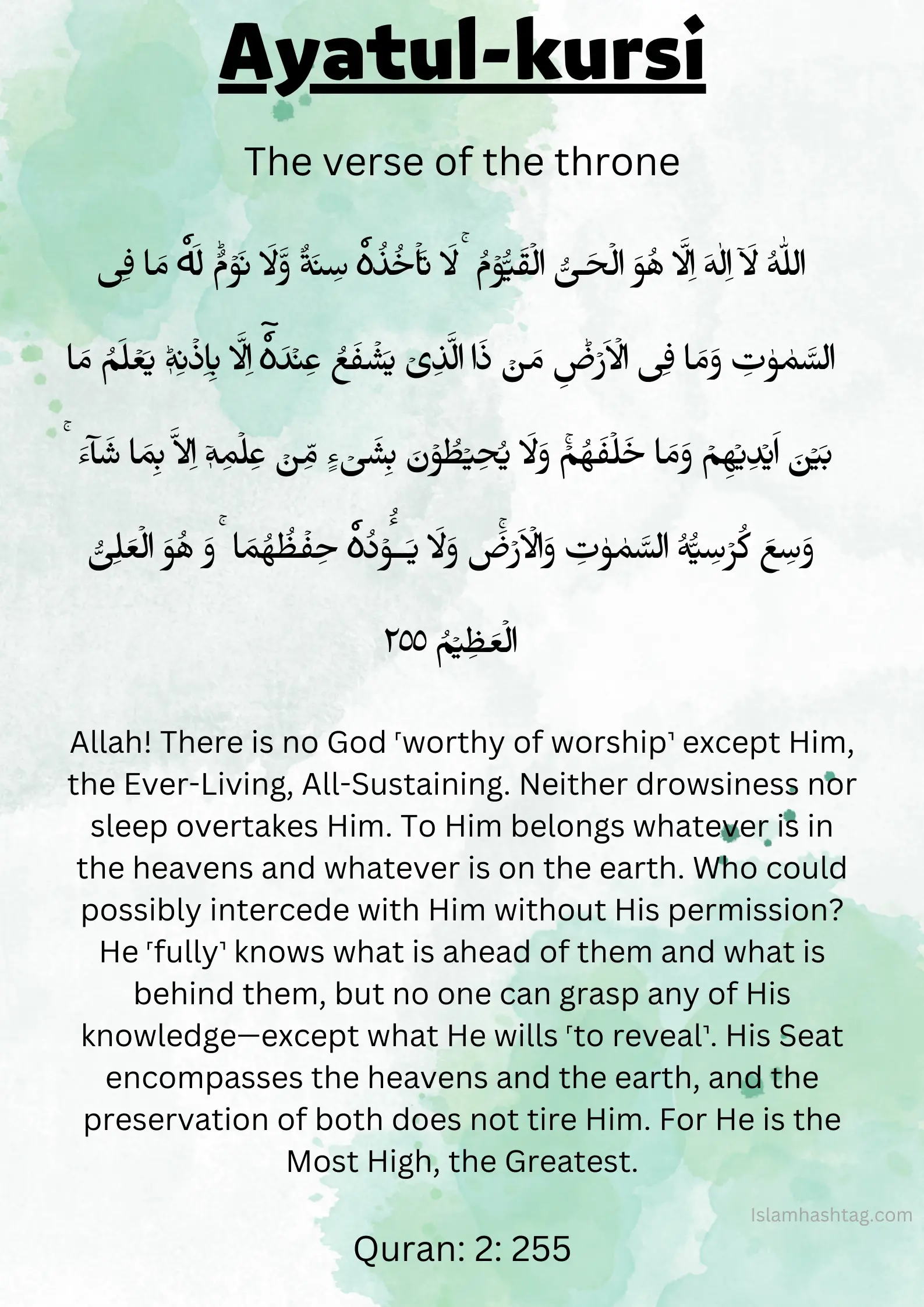 READ AYATUL KURSI WITH ARABIC TEXT, TRANSLATION, AND TRANSLITERATION